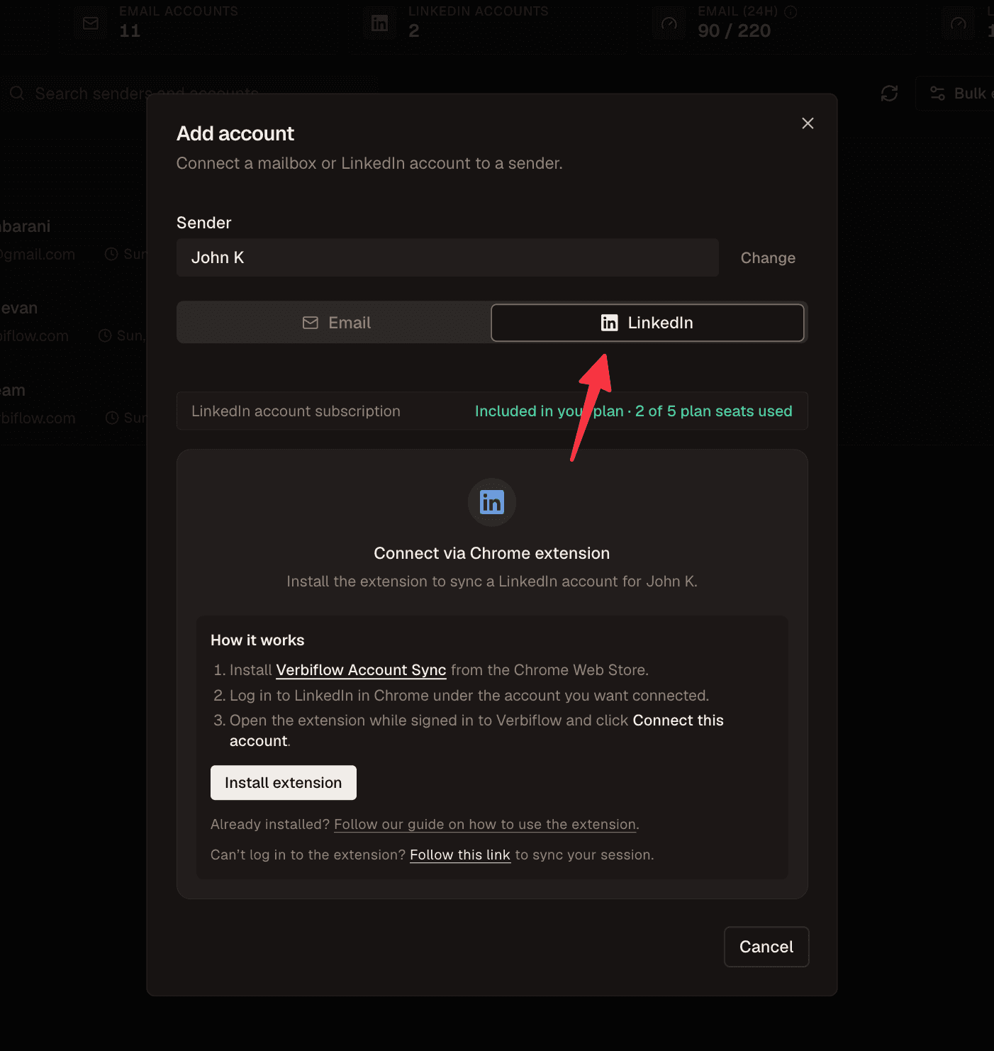 The Add account dialog on the LinkedIn tab with the Install extension button