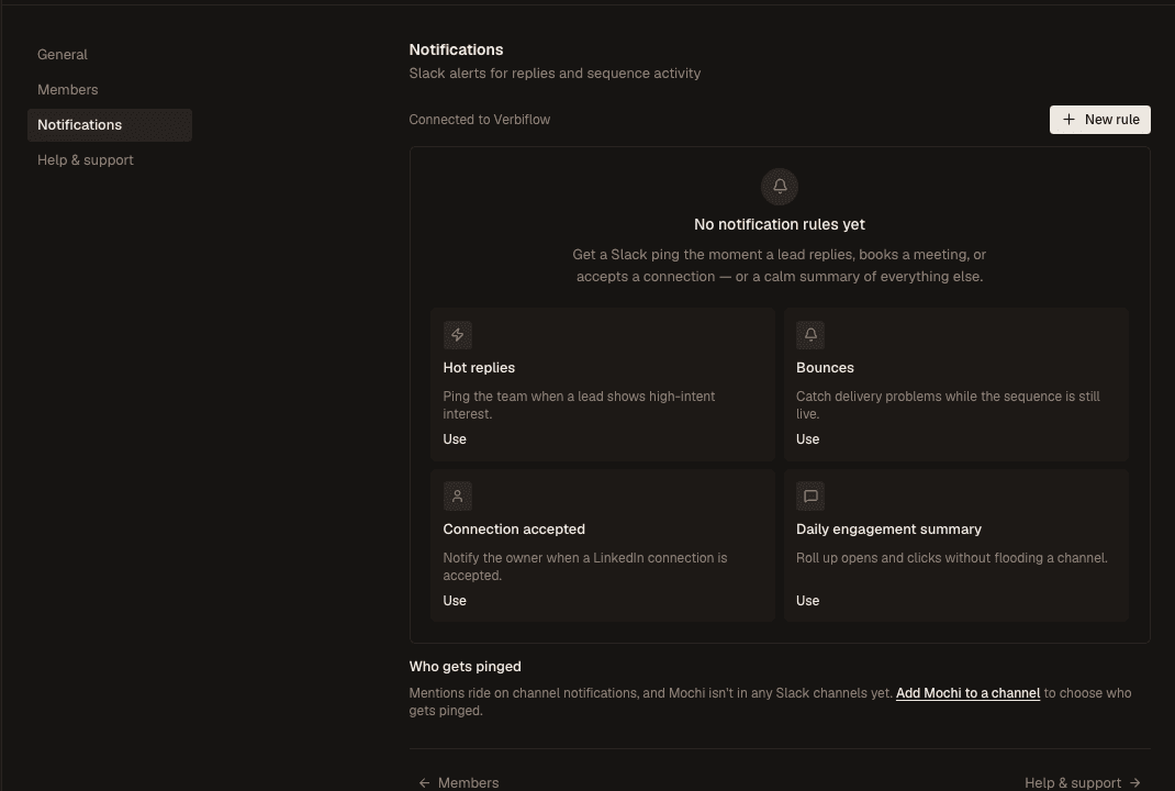 Verbiflow notification settings with four starter rules